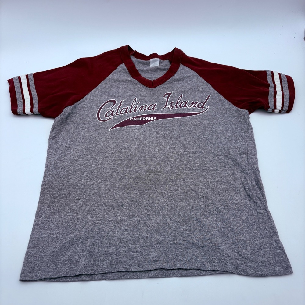 Vintage Catalina Island California‎ Raglan V-Neck T-Shirt Grey Burgundy Large